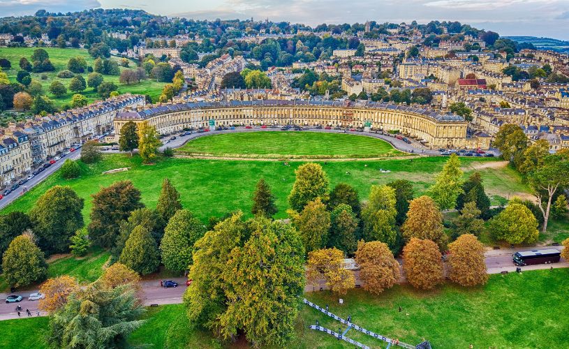 Autumn aerial view of Bath's Royal Crescent - credit David Cherriman